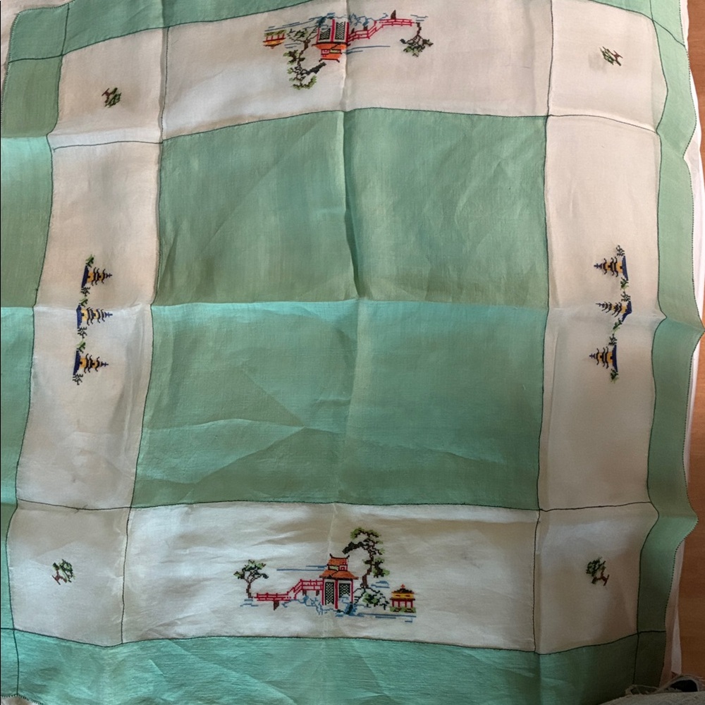Vintage Chinoiserie cross stitched game table cloth